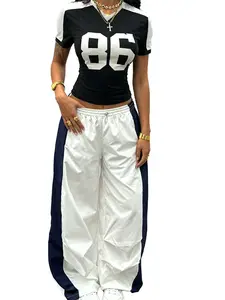 Y2K Gyaru Hippie Preppy Color-Blocked Parachute Pants Set | Contrast Digit Letter Print Slim Tee Women's Summer Athleisure Streetwear