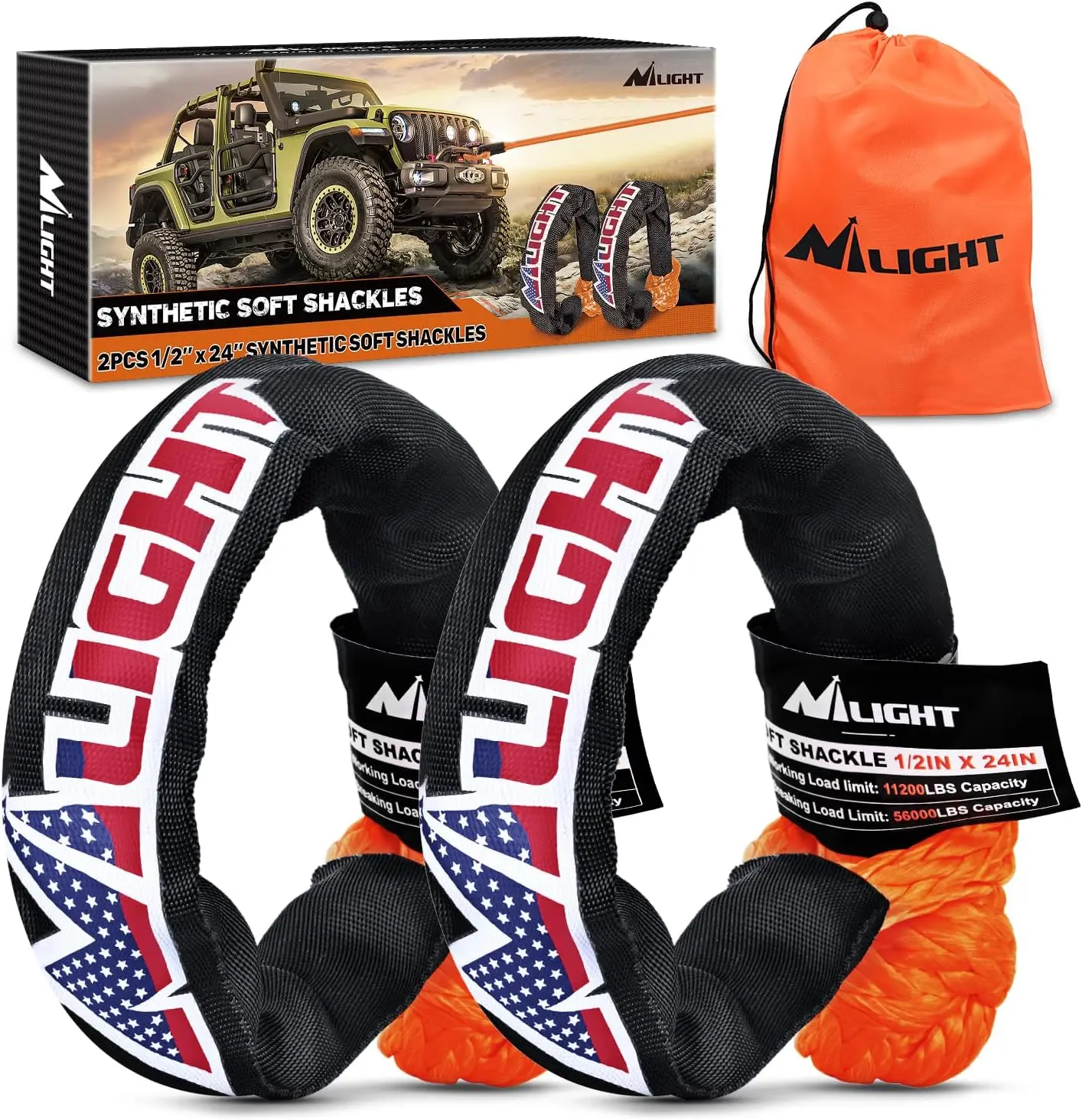 Nilight UHMWPE Fiber High-Strength Load-Bearing Synthetic Soft Shackles, 2PCS 1/2in x 24in with Extra Sleeves, 56000LBS Breaking Strength, Car Tool Kit for Vehicle Off-Road Towing