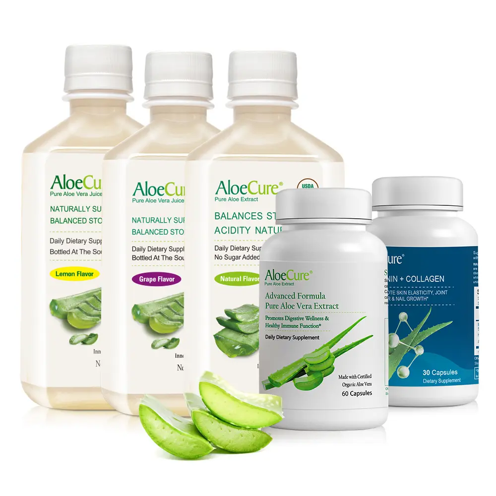 AloeCure Organic Aloe Vera Juice & Aloe Capsules - 5 Pack - Grape, Natural, Lemon Flavor Juice, Aloe Capsules, Melatonin
