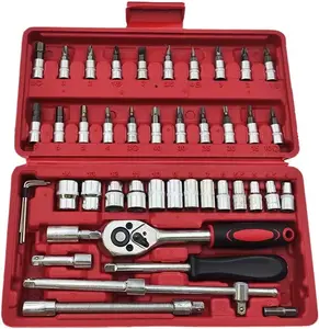 46 count 1/4 Inch Drive Socket Set, Mini Ratchet Wrench Set with Storage Case, Professional Tool Set with Bit Socket Set Metric and Extension Bar, Fits  Repairing and Household (Red)
