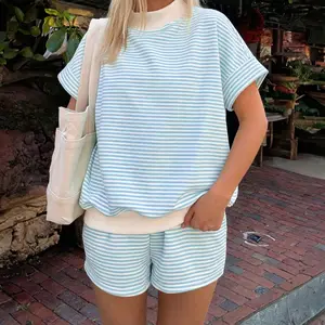 MULLVEIG Women's Stripe Mock Neck Cuffed Sleeve 2-Piece Short Set Casual Summer Loungewear Everyday Basic Two Piece Outfit for Summer Days - Aesthetic, Womenswear