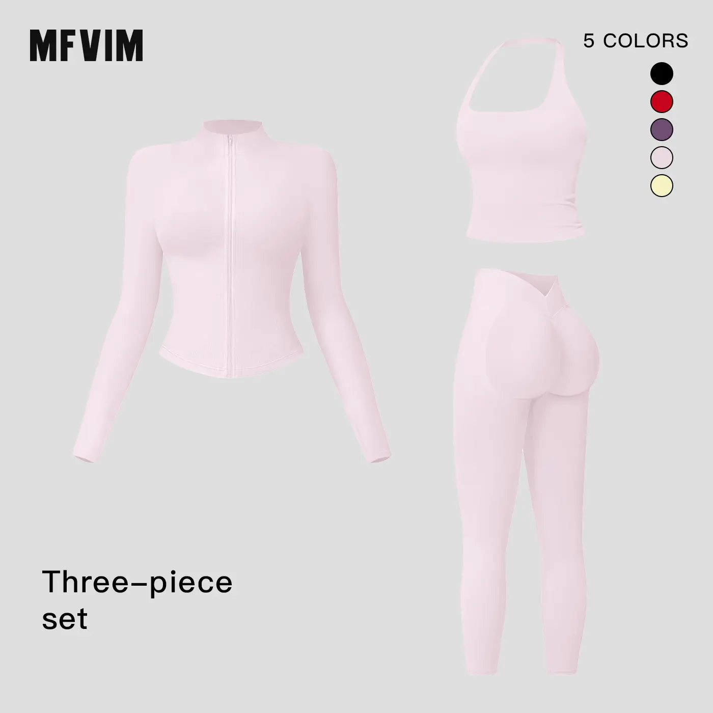 MFVIM women’s premium slim-fit three-piece activewear set: breathable, stretchy cropped zip-up jacket + square-neck halter camisole + butt-lifting long pants for a casual athleisure look
