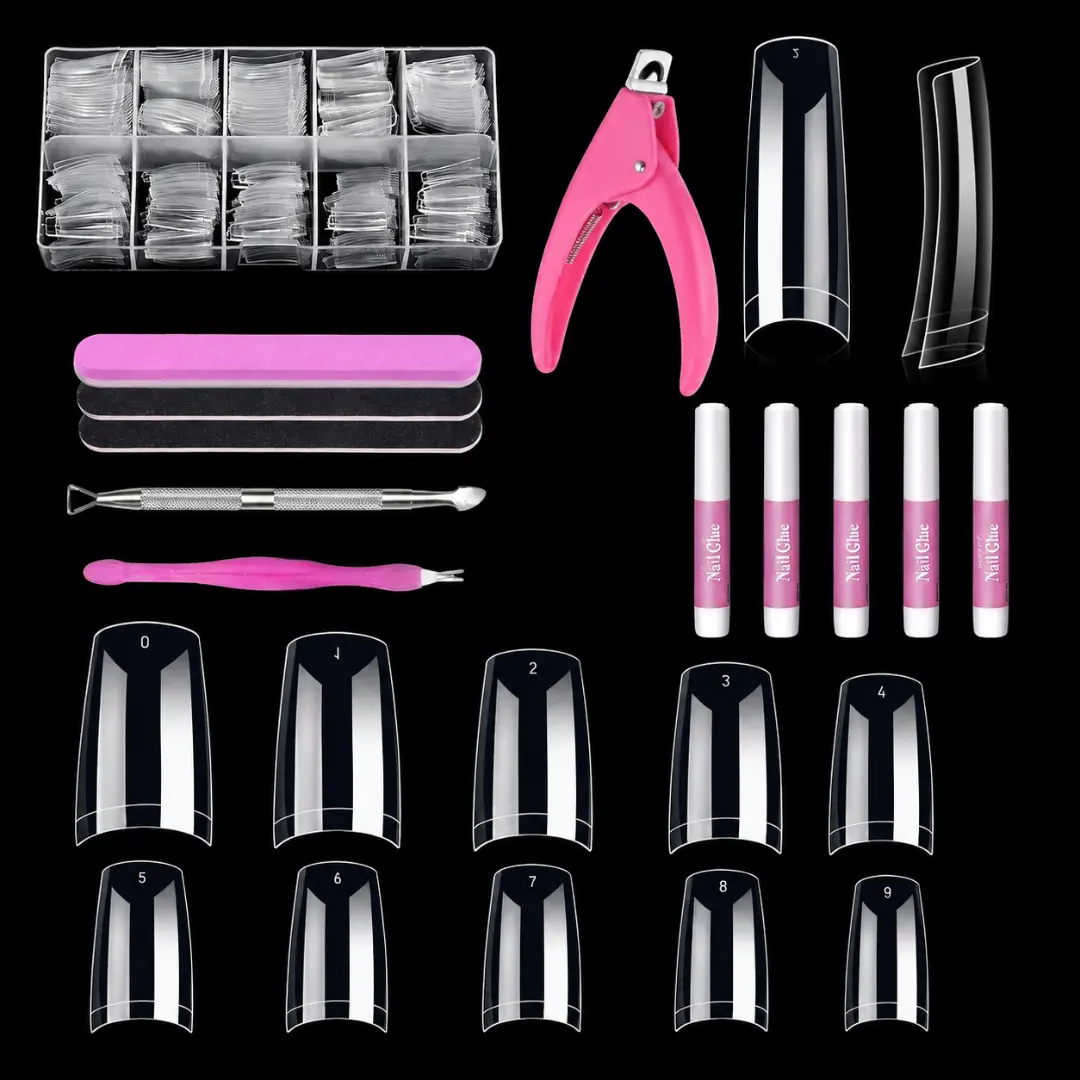 500PCS Clear Square Nail Tips, Half Cover False Nail Tips with 10 Sizes 0–9, DIY Acrylic Nail Extension Kit with Glue, Clipper, Files & Cuticle Tool for Home Manicure