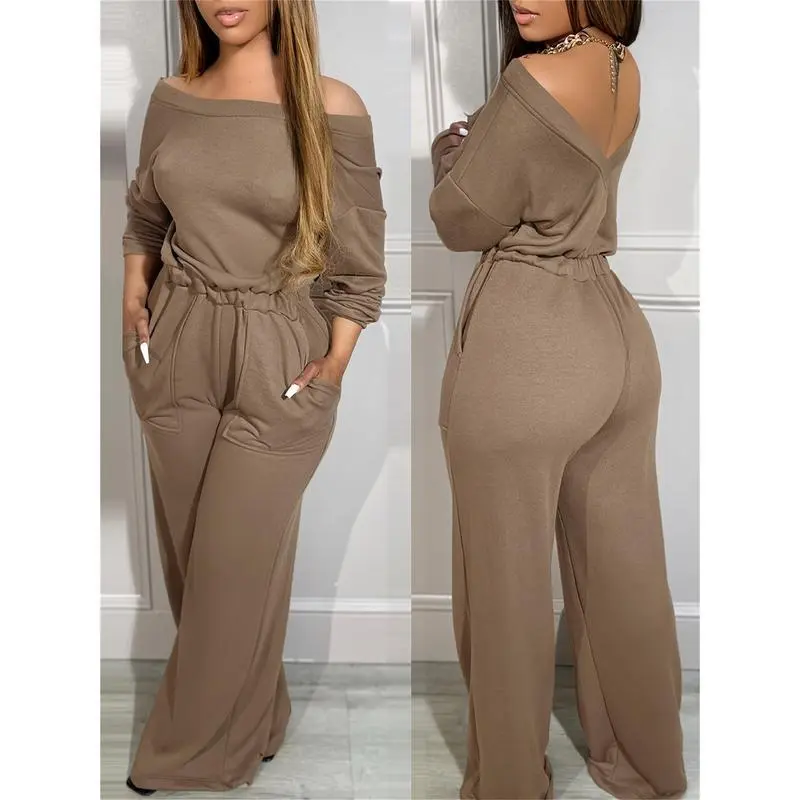 Women's Lady Basic Casual Off-the-Shoulder Waisted Romper, Polyester Blend Sports Clothing Set, Clothes