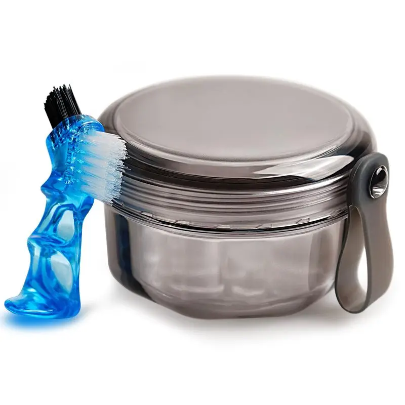 Leakproof Denture Case Denture Soaking Cup False Teeth Container, Dental Denture Bath Holder Box Retainer Cleaner Case for Traveling - Leak and Lid Waterproof - Transparent Black