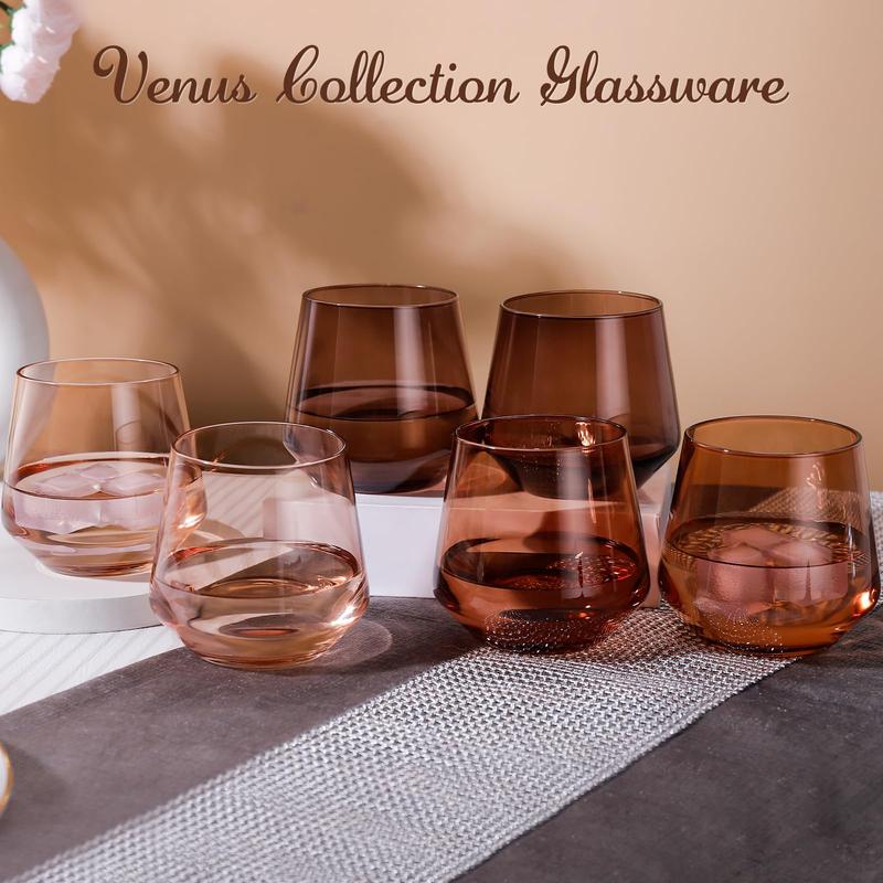 Venus Stemless Wine Glasses Set 6-14oz Amber Colored Wine Glasses Stemless, Brown Wine Glasses Set， otezla tumbler Drinkware