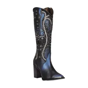 Women's Tall Western Studded Embroidered Leather Boots with Blue Embroidery and Chunky Heel Design