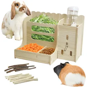 1pc Hamiledyi Wooden Guinea Pig Feeder with Water Bottle Holder, Small Animal Hay Manger, Durable Rabbit Hay Food Bin for Chinchilla, Bunny, and Hamster - Easy to Install and Clean
