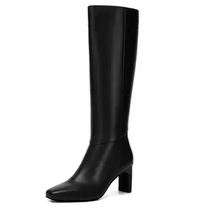 Athlefit Knee High Boots for Women Square Toe Chunky Heeled Tall Boots with Side Zipper