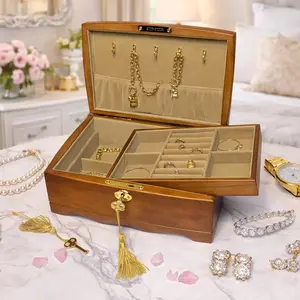 Wooden jewelry box with lock and key. Wood Luxury organizer jewelry storage box. Fashion design wooden jewelry box.