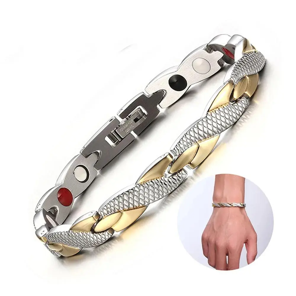 Unisex Magnetic Bracelet - 2-Tone Stainless Steel Adjustable Chain Bracelet with Chain Links, Lightweight Magnetic Closure, Minimalist Costume Jewelry for Daily Wear, Gift