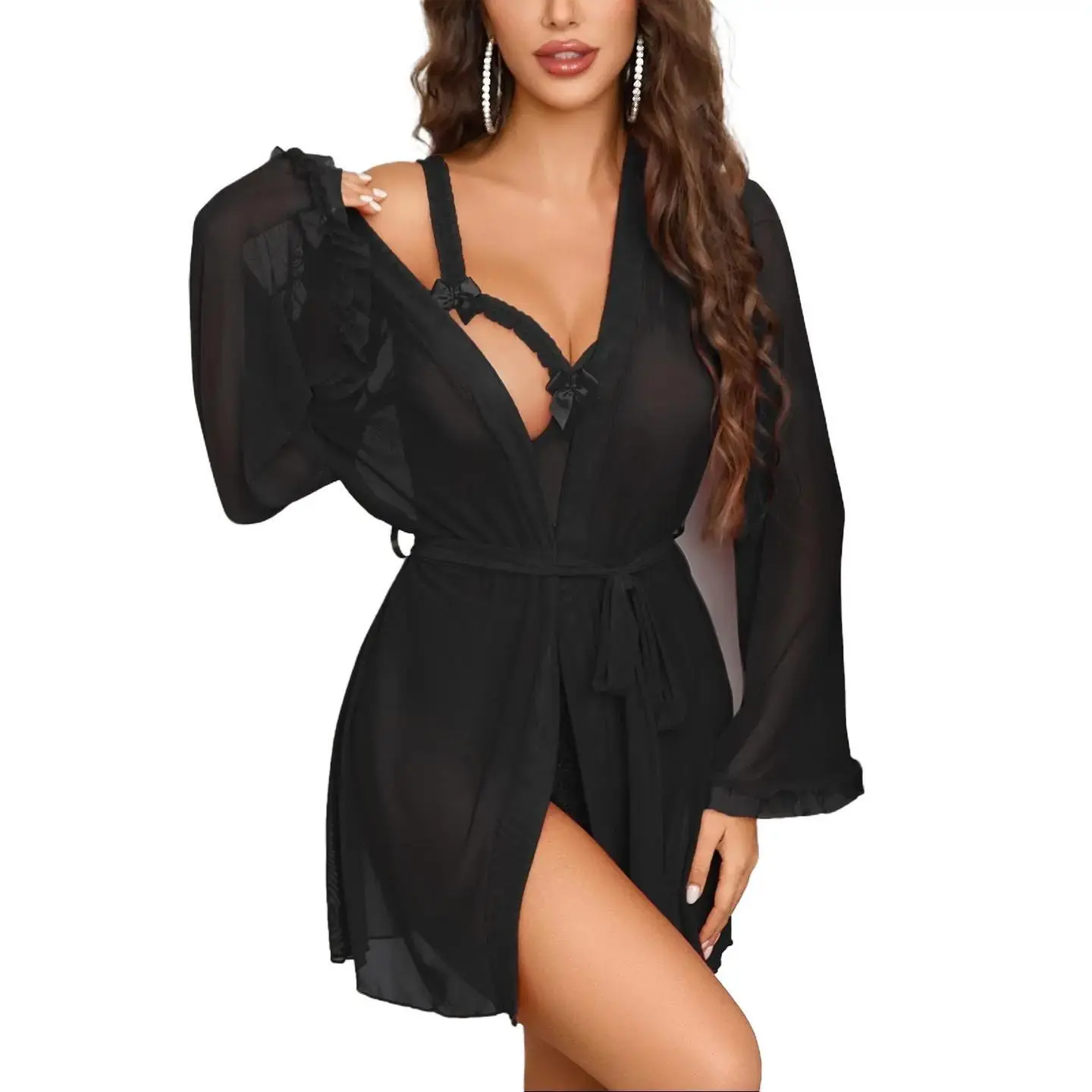 Avidlove Lingerie Set 2 Pieces Cutout Teddy Bodysuit with Sheer Kimono Robe Mesh Sleepwear Nightwear Boudoir Outfits