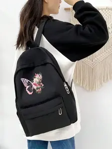 Butterfly Print Large Backpack for Teen Girls, Fashion Student Bag, Classic Long Wallet, Laptop Case, Random Color and Style