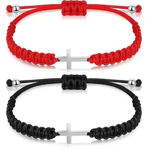 2 Pieces Friendship Cross Bracelet Black String Rope Braided Bracelet Cross Charm Adjustable Handmade Matching Couple Bracelets for Women Men Brother Kabbalah Strand Lucky BFF Bracelets