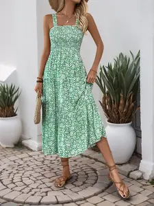 Women's Ditsy Floral Print Square Neck Backless Dress, Fashion Casual Sleeveless Dress for Beach Holiday Vacation, Ladies Summer Clothes
