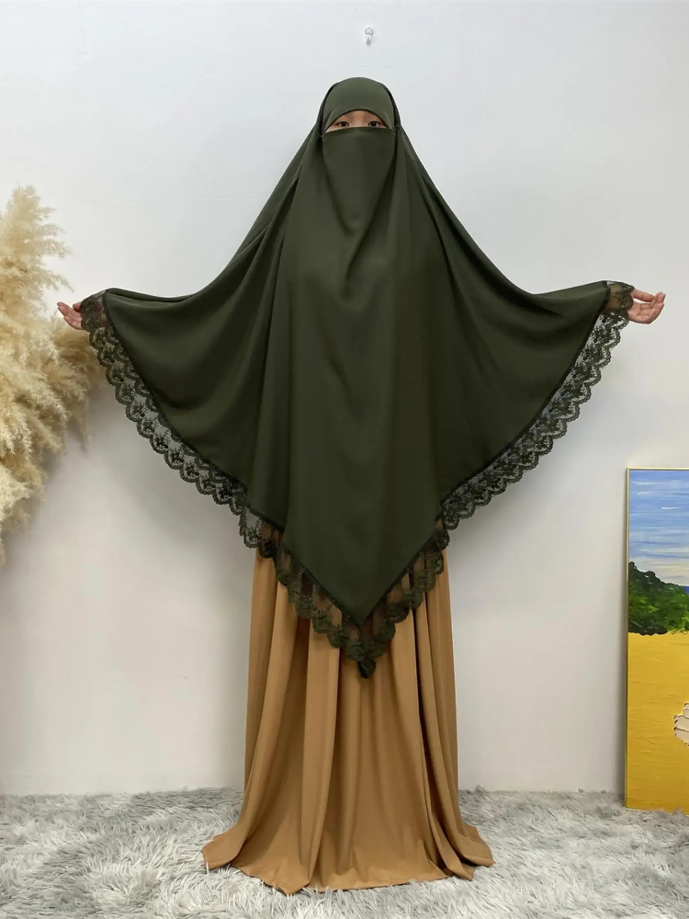 Women's Contrast Lace High Low Hem Instant Hijab, Modest Casual Muslim Clothing for Daily Wear, Women's Islamic Clothing for All Seasons