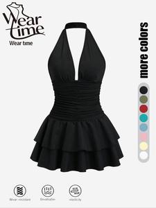 women's solid ruched halter neck dress, chic elegant casual sleeveless short dress for daily outdoor wear, breathable ladies clothes for summer