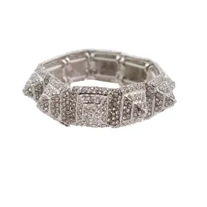 Women Fashion Jewelry Silver Metal Pyramid Bracelet Studs Shiny Bling Elastic Band One Size
