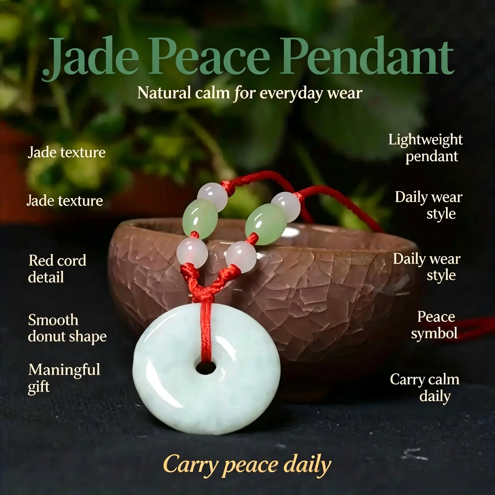 Genuine Donut-Shape Jade Healing Crystal Pendant - Unisex Smooth Progress Charm with Adjustable Braided Cord Necklace for Inner Peace, Casual Daily Wear, Anyone