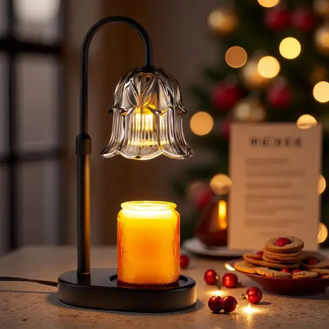 Electric Candle Warmer Lamp with Adjustable Timer - Wooden-Metal Vintage Base, Dimmable, Height-Adjustable Flower Glass Top Warmer for Small Jar Scented Wax Melts, Home Decor Light & Fragrance Diffuser
