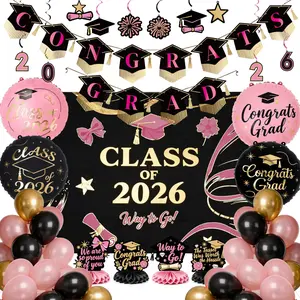 PartyWoo Graduation Decorations Class of 2026 Black Pink Gold 40pcs Grad Party Supplies with Congrats Grad Black Backdrop Banner Hanging Swirls Foil Latex Balloons Graduation Cap Centerpieces Party
