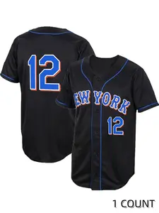 Men's Letter & Figure Patched Button Front Baseball Jersey, Casual Loose Short Sleeve V-Neck Baseball Top for Fall & Winter, Basebal Christmas Gifts, Men's Sportswear for Training & Competition, Jersey Shirts