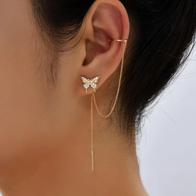 Women's Elegant Trendy Rhinestones Decorated Dangle Earrings with Butterfly Design, Exquisite Tassel Decorated Dangle Earrings for Party & Daily, Classic Fashion Accessories for Daily Wear, Earrings Dangling