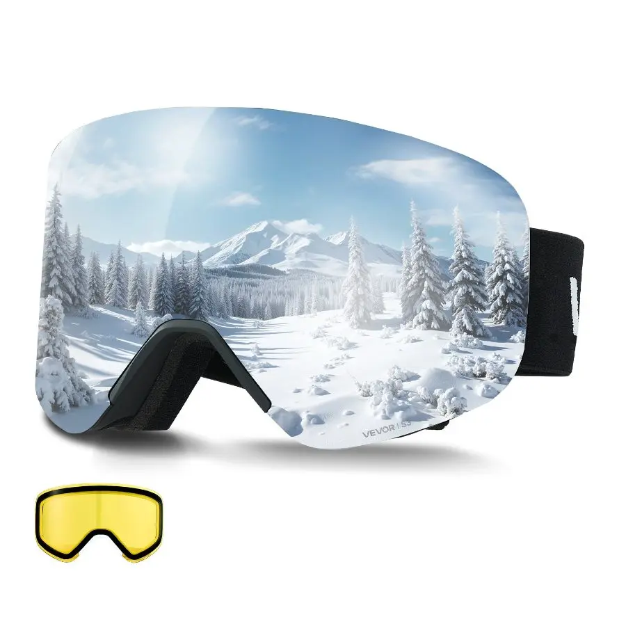 【toolupgrade】VEVOR Frameless Ski Goggles, Magnet Cylindrical Lens with Silver Mirror Revo Coating, OTG Anti fog Snow Goggles for Men Women, TPU Frame Ventilation Structure, Fit for Skiing, Skating, Snowboarding