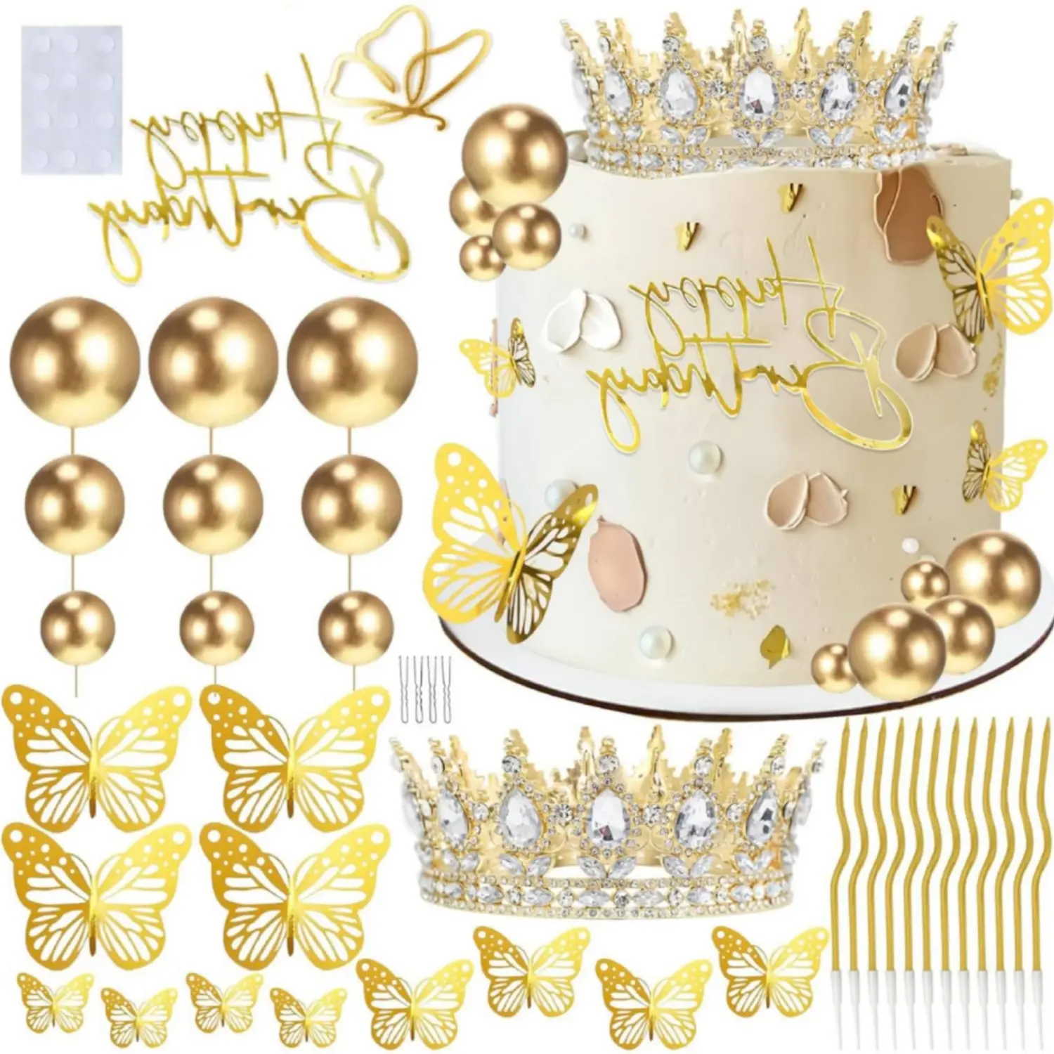 52Pcs Crown Cake Topper, Gold Happy Birthday Cake Toppers Crown Balls Candles Butterflies, Corona Para Pastel, Cake Decorations for Women Princess Queen Wedding Party Decorations (Gold, White) - Home Improvement.