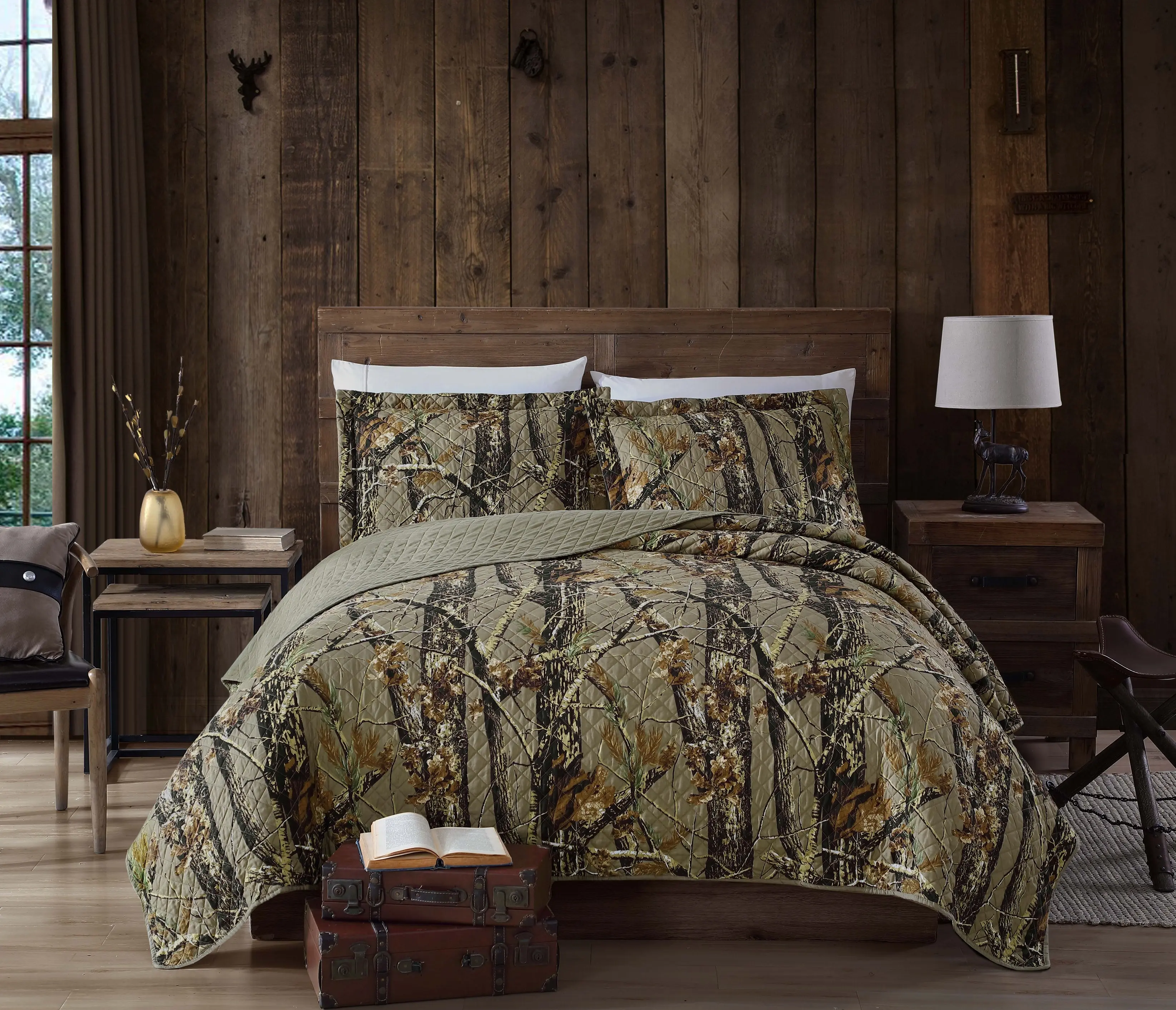 CHEZMOI COLLECTION Salem Cabin Lodge Forest Woods Camouflage Quilt Set 100% Microfiber Polyester Machine Washable Twin Queen King Sizes