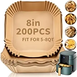 DSMY 200 PCS Air Fryer Paper Liners 8 Inch Square Non-Stick Heat-Resistant for 5-8QT Air Fryer Baking Roasting Microwave Bakeware