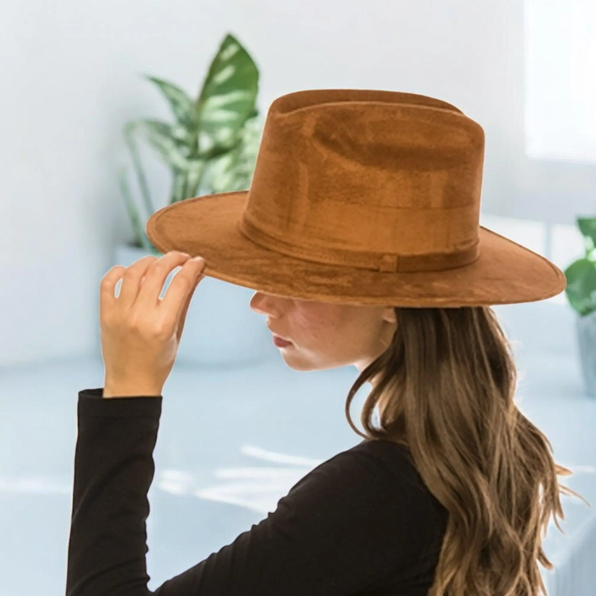 Women's Large Western Style Flat Brim Cowboy Hat - Premium Vegan Suede, Stretch Band, Cowgirl and Outlaw Style | SOLOVE