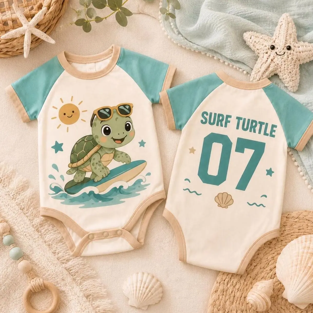 Sea Turtle Baby Bodysuit, Surfing Turtle Onesie, Beach Baby Outfit, Ocean Animal Newborn Gift, Summer Baby Boy Clothes, Baby Shower Gift 5Z5