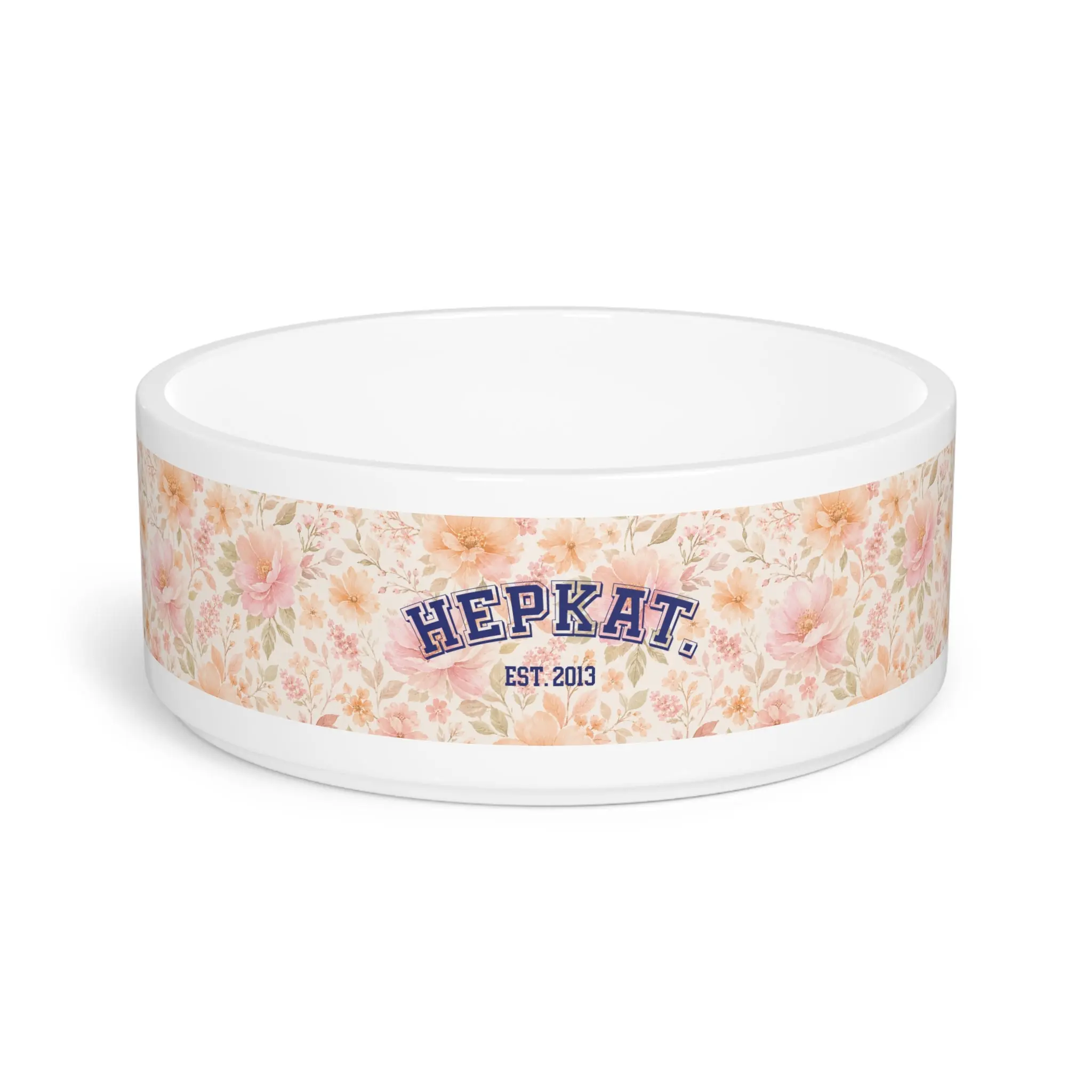Floral 'HEPKAT' Personalized Pet Bowl — Custom Dog & Cat Feeding Dish
