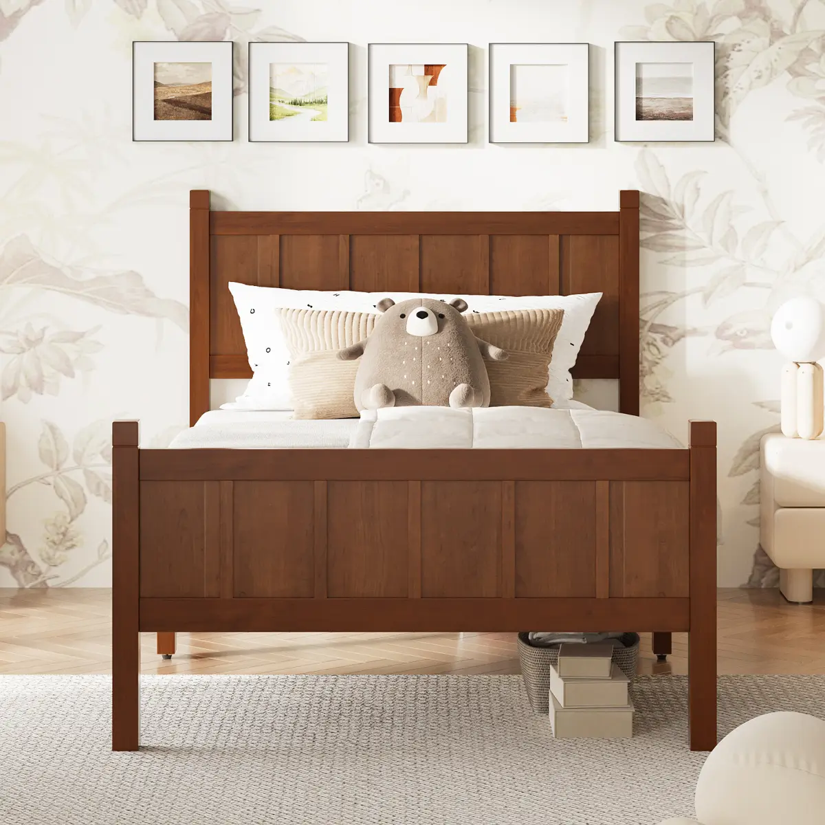 Twin Size Flat Panel Bed with Headboard & Footboard, Minimalist Modern Platform Bed with Wood Grain Finish, Shaker and Farmhouse Style Design, Sleek and Functional Bedroom Furniture,350LBS Heavy Duty
