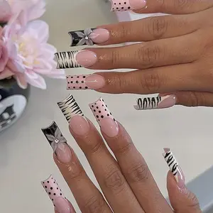 Pink Zebra Press On Nails, Polka Dot French Tip Nails, Cute Girly Nail Set