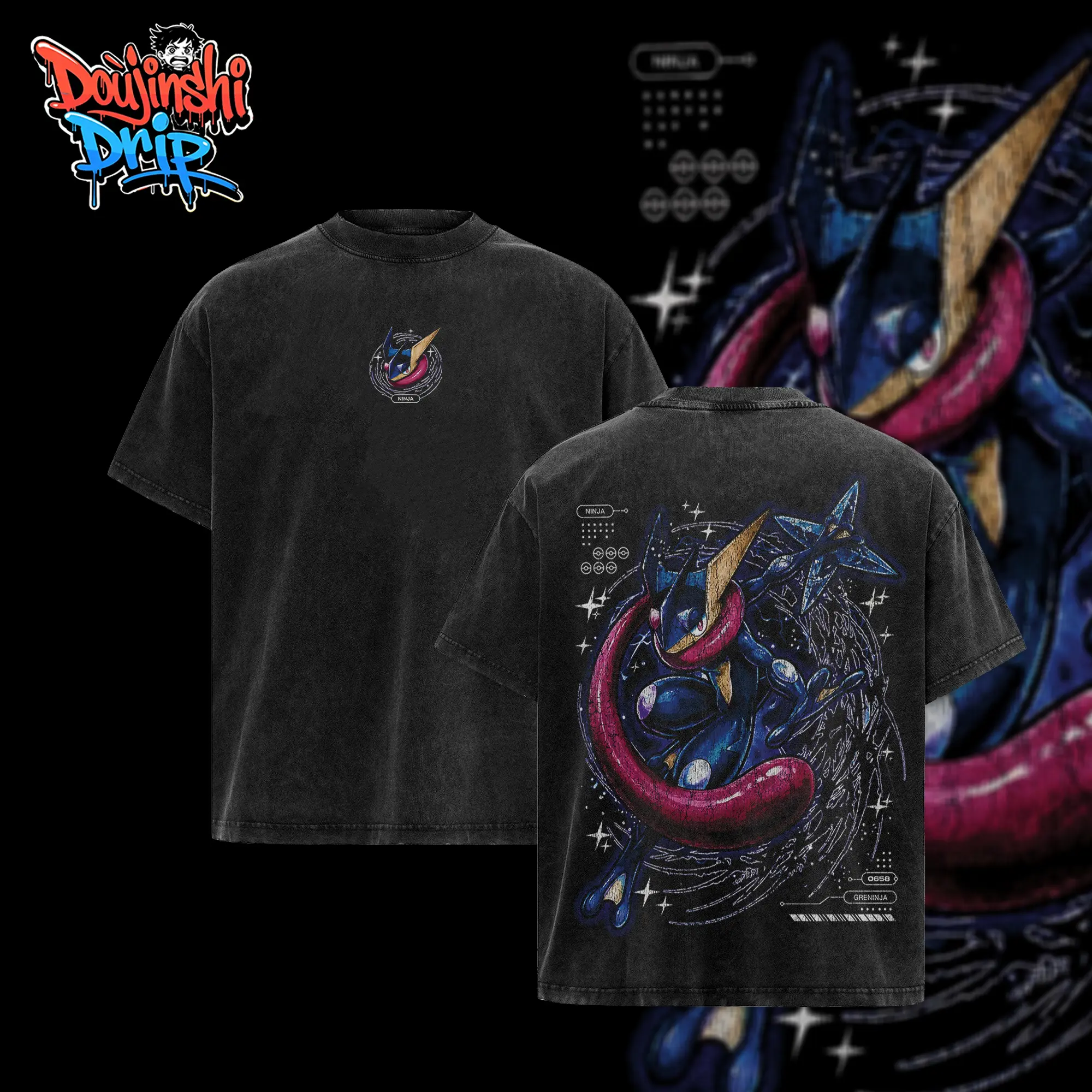 [Doujinshi] Vintage Greninja Acid Washed T-Shirt Unisex Oversized Anime Manga T-Shirt Heavyweight Cotton Tee for Anime Fans, Pocket Monster merch, T-shirt anime gift, Anime Streetwear, graphic tees