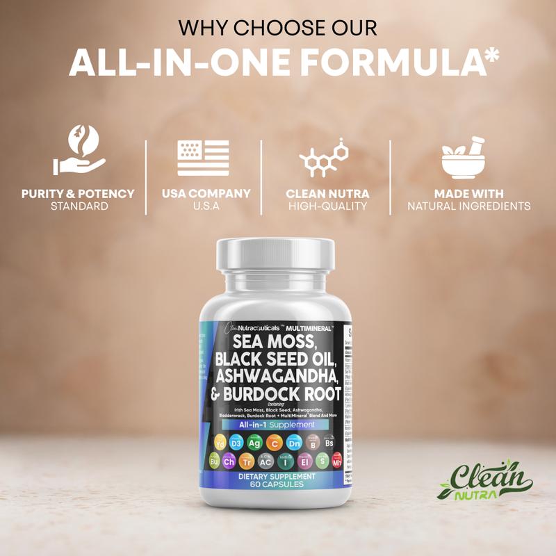 Clean Nutraceuticals Sea Moss, Black Seed Oil, Ashwagandha, Turmeric, Bladderwrack, Burdock, Vitamin C, Vitamin D3 with Elderberry Manuka Supplement Capsules – MultiMineral