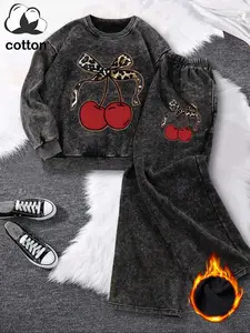 Women's Two-Piece Set Cherry Leopard Print Sweatshirt & Long Pants, Casual Loose-Fit Fall Winter, High Waist Fleece Lined Womenswear