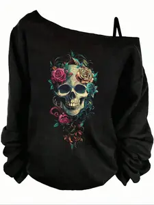 Gothic Skull Rose Print Hoodie, Asymmetrical Shoulder Strap, Loose-Fitting Long Sleeve, Casual Style, All Seasons, Trendy Streetwear, Fashion