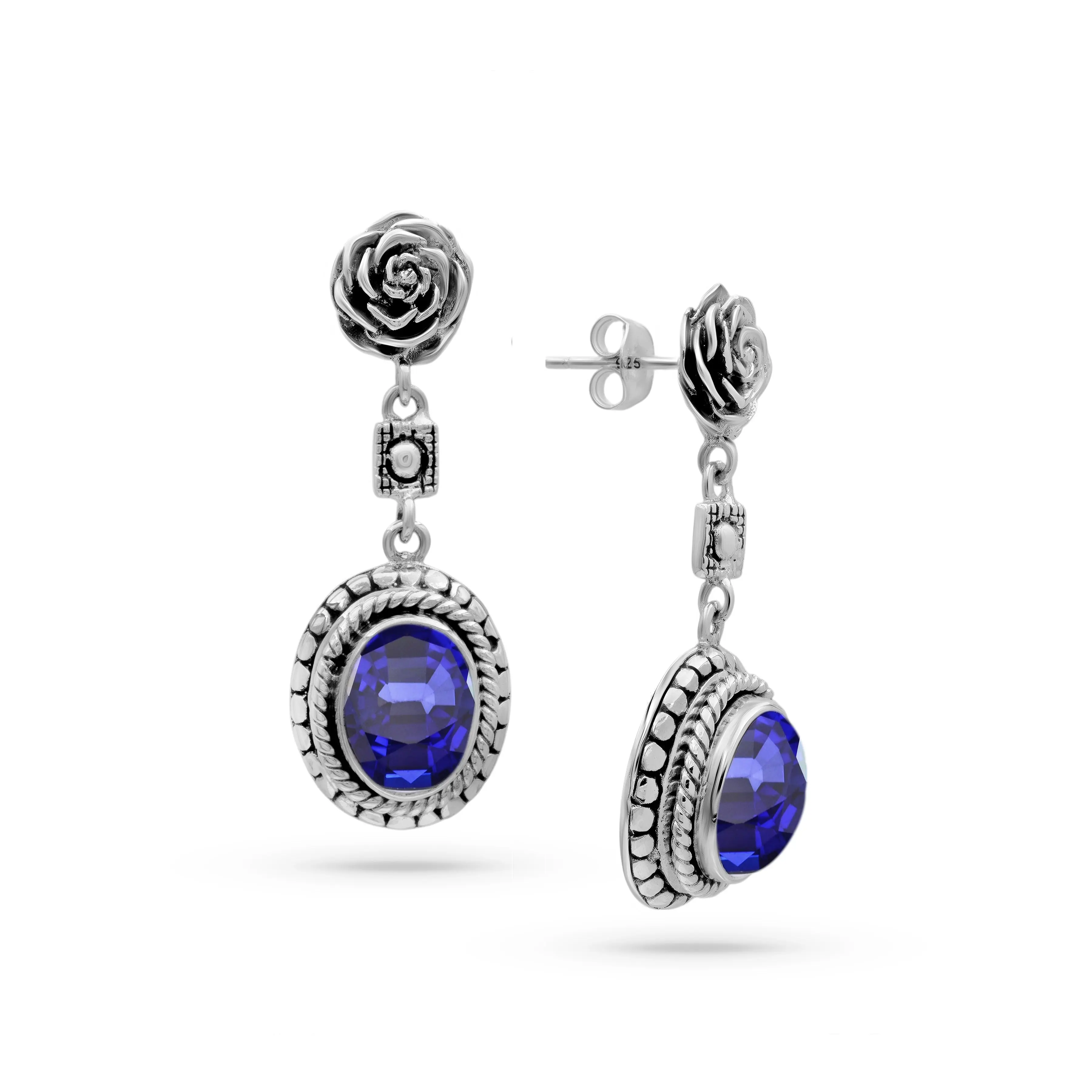 Carved Rose Blue Saphire Sterling Silver Bali Earrings
