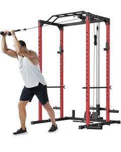 Garvee Power Cage Squat Rack with Lat Pulldown & Low Row, 1200LBS Home Gym Power Rack with J-Hooks, Dip Bars, Pull Up Bar, Landmine, Weight Rack & Cable Pulley System for Strength Training