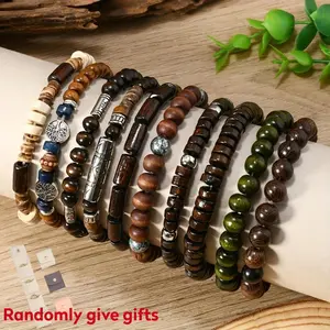 10Pcs/Set Random Men's and Women's Bohemian Fashion Handmade Wooden Beaded Couple Bracelet Set for Gift