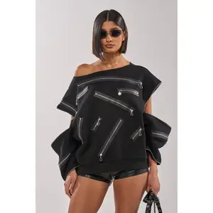 UN-ZIP ME OFF THE SHOULDER SWEATSHIRT
