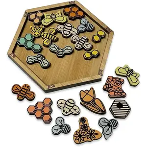Bumble Jumble Tangram Puzzle, 23-Piece Wooden Brain Teaser, Eco Bamboo Hive Pack It in for Adults & Kids, Logic Desk Game & Quick Thinking Challenge