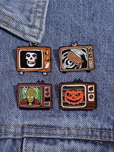 1pc Alloy Pumpkin Skull TV Pin Brooch - Vintage Halloween Horror Daily & Holiday Fashion Accessory, Synthetic July Birthstone, No Plating, Ideal Gift for Friends & Family