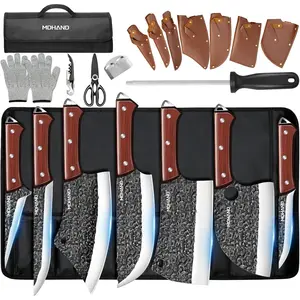 MDHAND 14pcs Kitchen Chef Knife Set, Hand Forged High Carbon Steel,Includes Butcher,Meat Cleaver, Boning,and Viking Knives,with Knife Bag, mothersdaygift