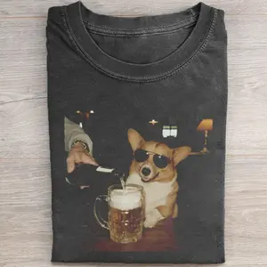Funny Corgi Drinking Beer Pepper Color Shirt, Oversize, Womens, Mens, Retro Shirt, Vintage Graphic Tee Womenswear