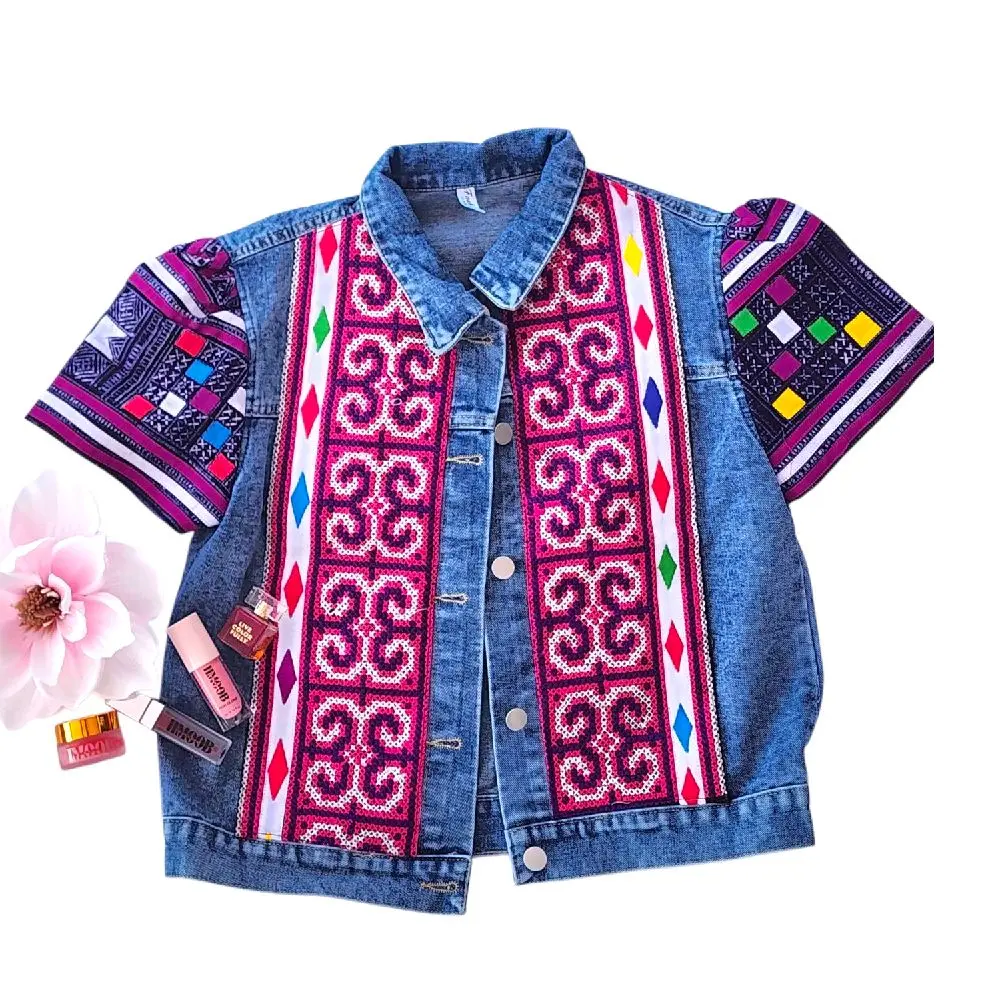 Hmong Traditional Printed Jean Jacket Short with Colorful Ethnic Patterns and Button Closure Casual Tops Womenswear