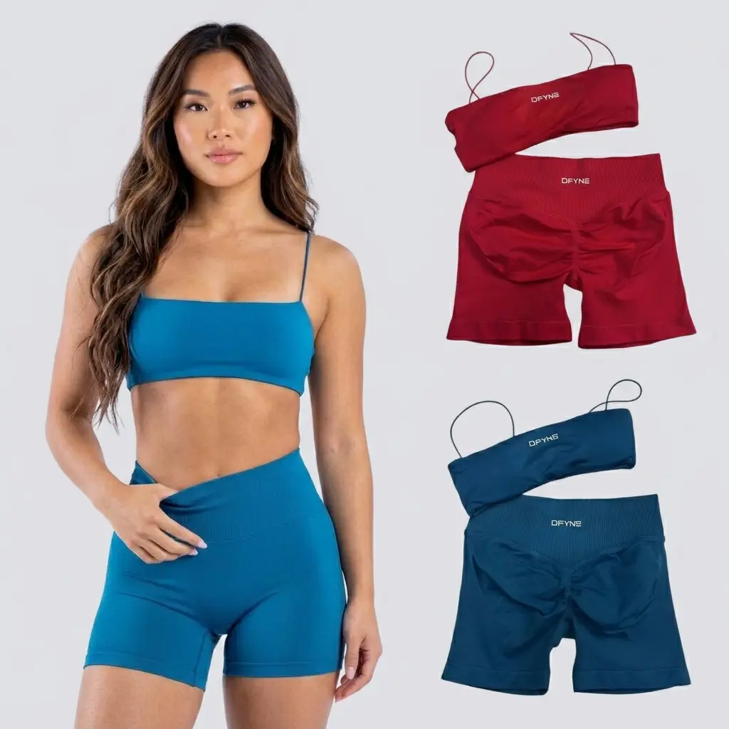 DFYNE Women's 2 Piece Seamless Activewear Set - Strapless Style Bandeau Bra with High Waisted Booty Sculpting Shorts